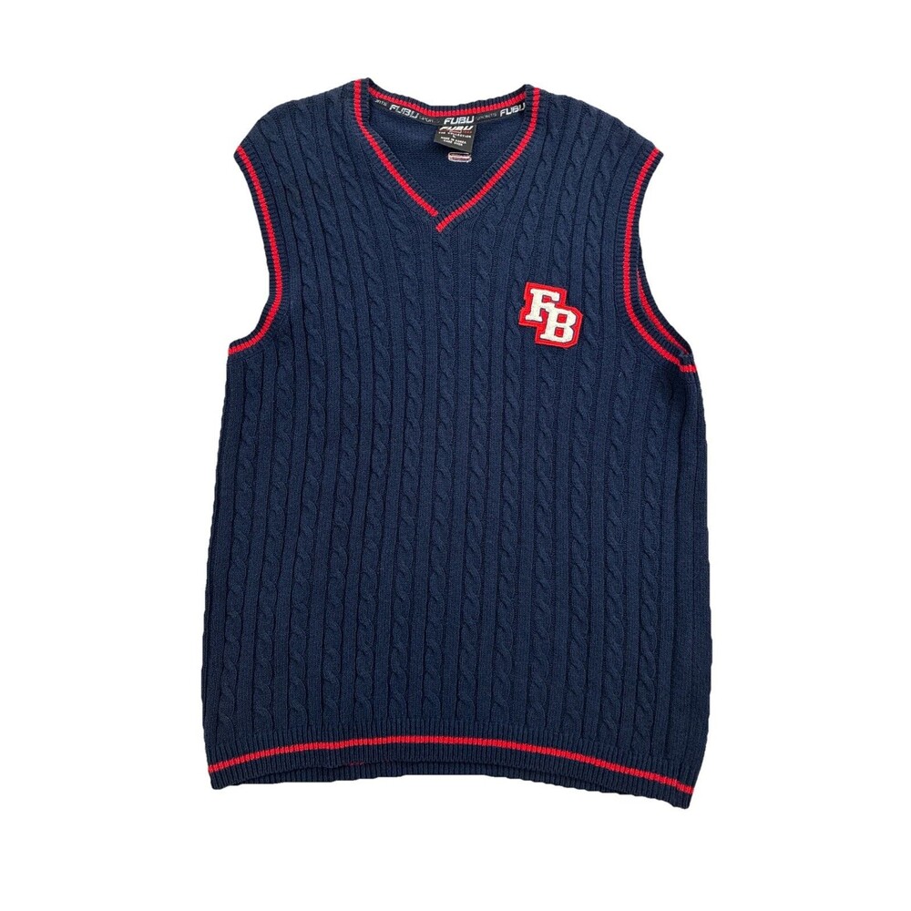 FUBU Sports Men’s Cable Knit Sweater Vest Multicolor Vintage Streetwear Y2K L